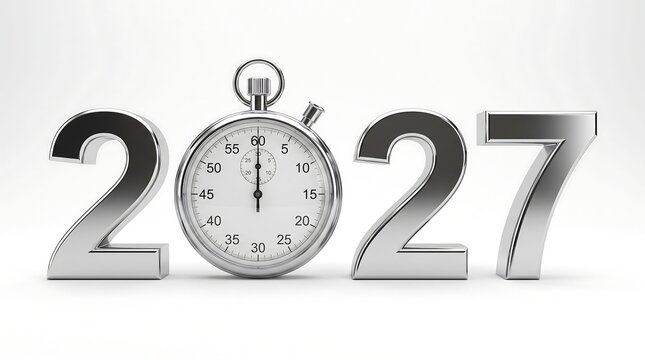 Silver stopwatch resting on large metallic numbers two zero two seven against a white background