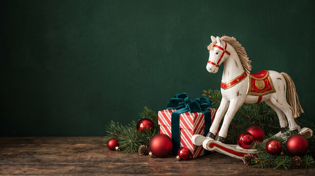 Vintage rocking horse with christmas gifts and ornaments on a rustic wood surface