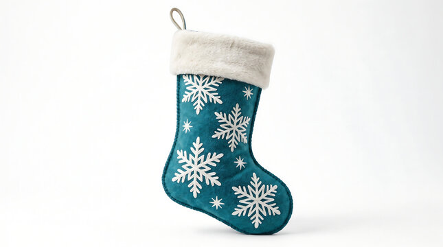 Festive teal christmas stocking with white snowflakes against a clean white background