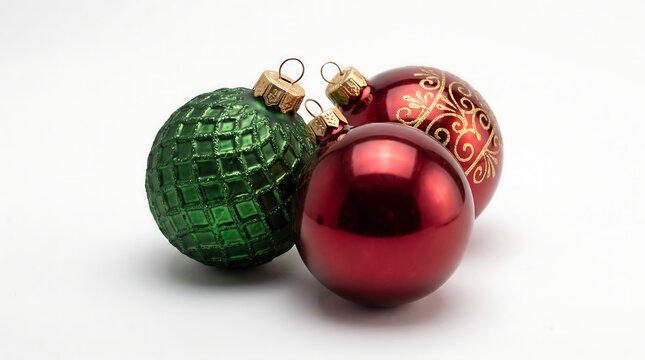 Three colorful christmas ornaments isolated on a clean white background for holiday designs