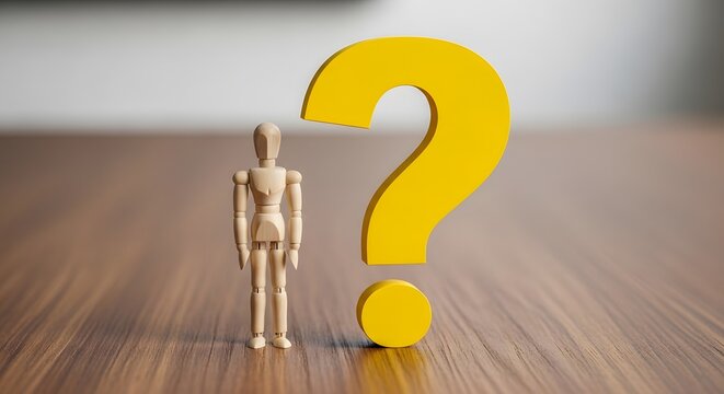 Wooden mannequin beside a large question mark symbolizing inquiry, uncertainty, analysis, and problem solving
