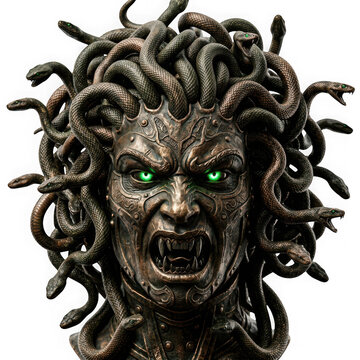 Medusa head sculpture with glowing green eyes and writhing snake hair, bronze metallic texture, isolated on transparent background