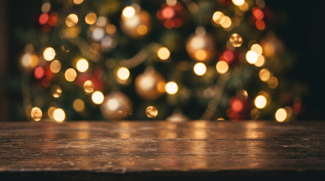 Festive christmas background with blurred tree lights and dark wooden tabletop