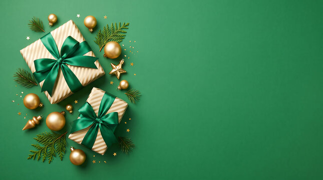 Elegant christmas gifts and golden ornaments on a dark green festive background