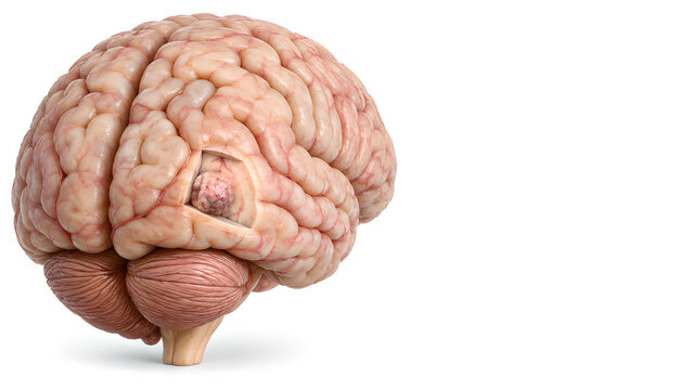 Brain tumor with subtle inflammation and swelling in photorealistic brain anatomy illustration on a white clinical background with copy space for patient education and healthcare communication