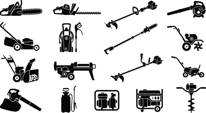 Gardening tools icon set featuring black vector silhouettes of lawn mowers, chainsaws, leaf blowers, hedge trimmers, pressure washers, cultivators, and outdoor power equipment isolated on wh
