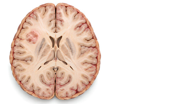 Brain tumor with subtle inflammation and swelling in photorealistic brain anatomy illustration on a white clinical background with copy space for patient education and healthcare communication
