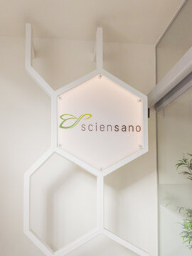 23 September 2026, Brussels, Belgium. Sciensano institutional logo on geometric wall sign inside a scientific research building