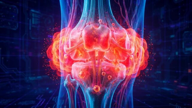 Futuristic 3D Knee Joint Pain and Severe Arthritis Inflammation Scan with Glowing Red Bone Structure and Vascular Anatomy Concept