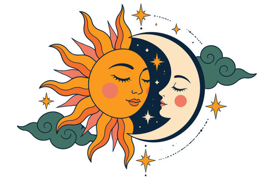 Sun and crescent moon faces with stars and teal clouds