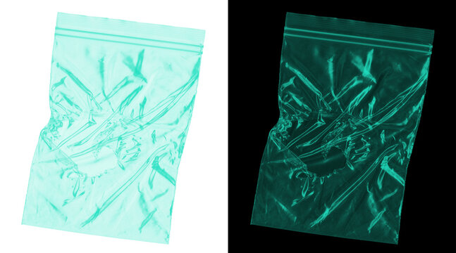 Wrinkled teal plastic ziplock bag, transparent turquoise poly bag packaging, crinkled plastic texture mockup for graphic design