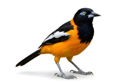 Venezuelan troupial bird with orange and black plumage and blue eye patch standing in side view isolated on a white background