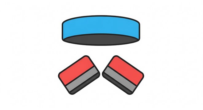 Close-up of a blue and grey whisk and two red and grey rectangular objects on a white background, abstract illustration.