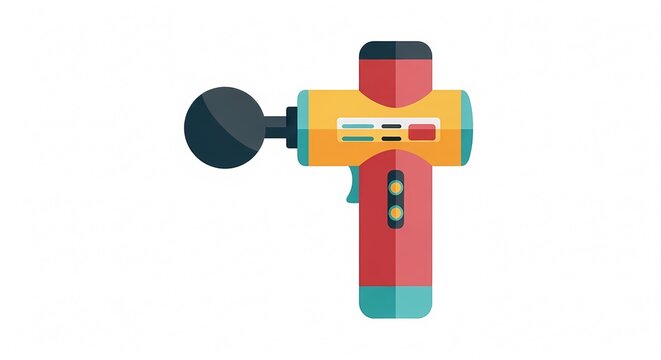 Flat Design Icon of a Percussion Massage Gun for Muscle Recovery, Physical Therapy, and Fitness Enthusiasts