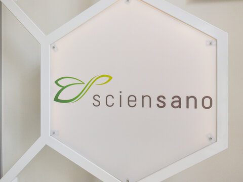 23 September 2026, Brussels, Belgium. Close-up of Sciensano institutional logo on minimalist geometric wall sign