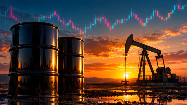 Oil Barrels and Pumpjack with a Trading Chart at Sunset