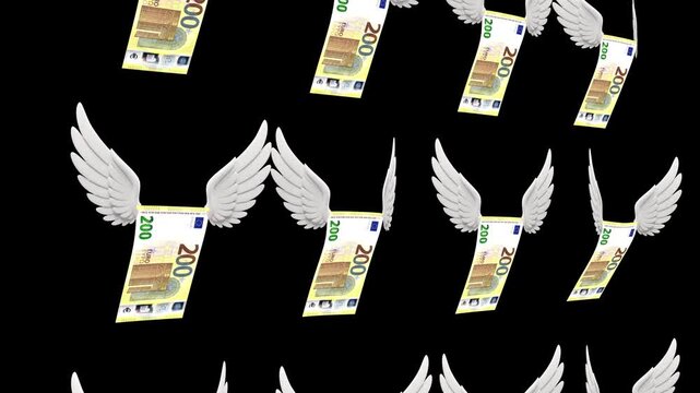 Two hundred euro banknotes with wings flying in a seamless loop 3d render