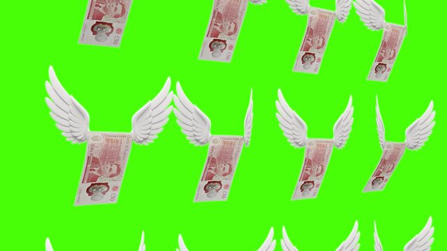 Fifty British pound banknotes with wings flying in a seamless loop  3d rrender