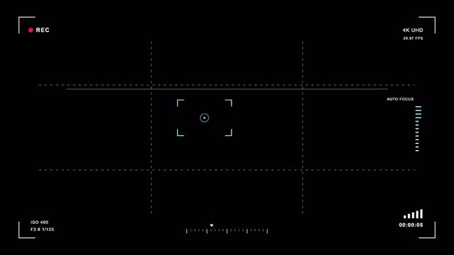 Animated Camera Viewfinder HUD Overlay with Recording Indicator and Autofocus Tracking Interface, 4K Resolution and Alpha Channel Included