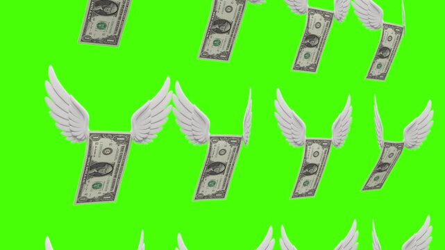 One US dollar bills with wings flying in a seamless loop 3d render