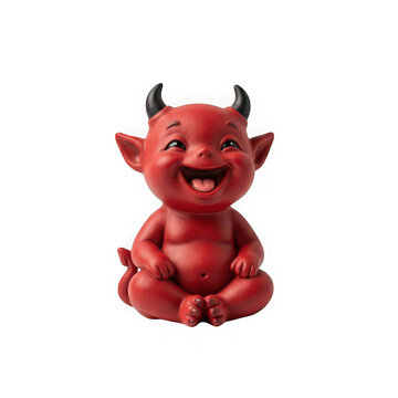 Cute red devil figurine with black horns sitting and laughing isolated on transparent background