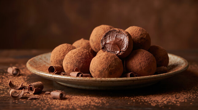 Decadent chocolate truffles dusted in fine cocoa sit arranged on rustic saucer. Bitten confection showcases creamy center, surrounded by delicate dark curls for elegant dessert presentation.