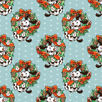 Cute seamless pattern featuring Dalmatian dogs in Christmas wreaths with festive bows, gingerbread cookies, candy canes and snowmen. Perfect for holiday wrapping paper and fabric.