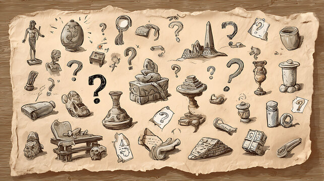 Vintage treasure map with archaeological finds, ancient relics, artifacts, and mystery question marks