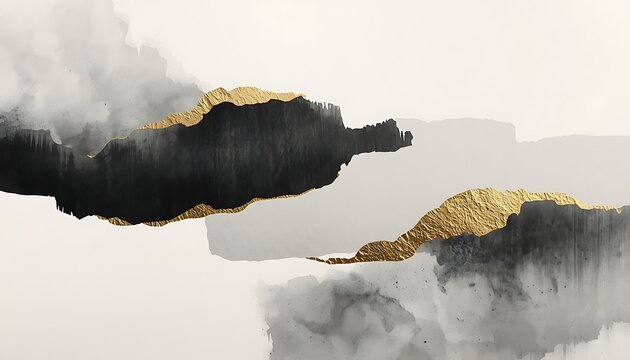 Black ink washes and metallic gold leaf textures create an abstract landscape. This sophisticated art piece works well for modern interior design and branding.