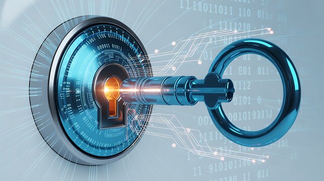 Futuristic digital key entering a circular security lock representing encryption, authentication and data protection