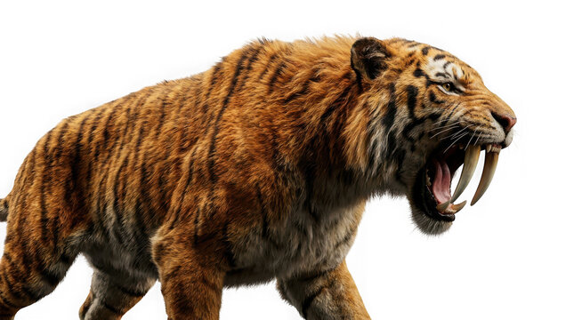 Fierce sabertoothed tiger roaring with large fangs, detailed fur texture, isolated on transparent background