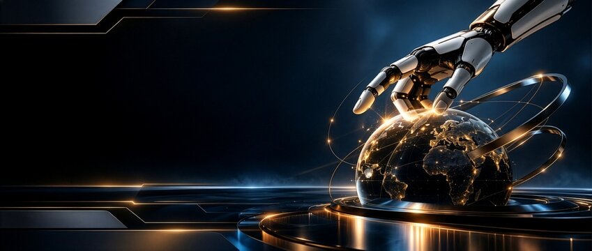 Futuristic AI robotic hand touching glowing planet Earth globe with global network connections, digital technology and cybersecurity concept