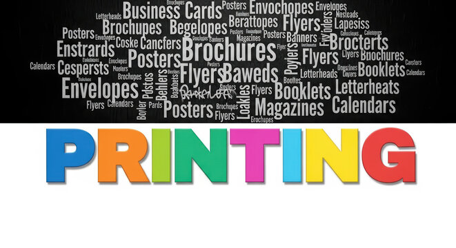 Printing industry graphic with vibrant multicolored text, word cloud of brochures and business cards, professional publishing and marketing services.