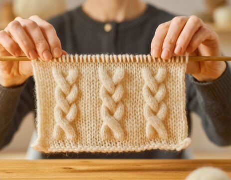 Hands Holding Cream Cable Knit Wool Fabric on Bamboo Knitting Needle