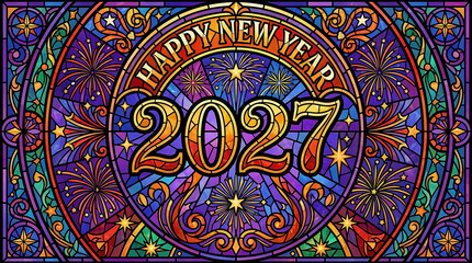 Obraz premium Happy New Year 2027 stained glass mosaic banner with fireworks ornamental mandala frame and colorful leaded glass vector illustration