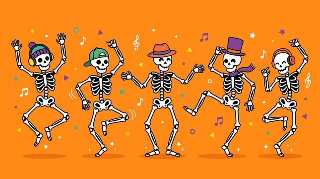 Group of colorful skeletons dancing and celebrating together on a bright orange background for halloween party design