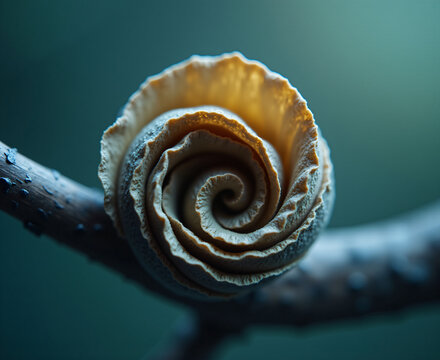 a close up of a snail ' s shell on a branch