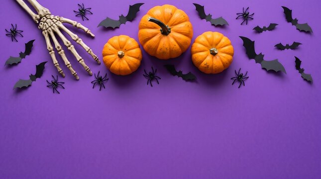 Halloween background with orange pumpkins skeleton hand and black paper bats on a vibrant purple surface flat lay