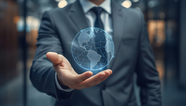 Businessman Holding Holographic Global Network Grid