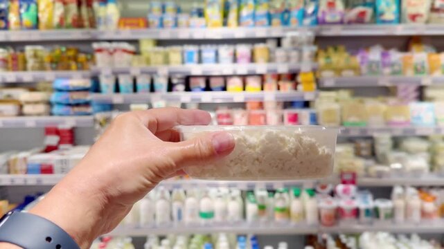 Hand Holding Yogurt and Cottage Cheese Packages in Supermarket Dairy Section &ndash; Dairy Products Against Shelves Background