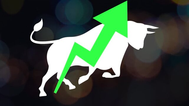 Bull market icon featuring a white bull silhouette combined with a green rising trend arrow over a dark bokeh background, representing financial success, investment growth, and trading profits.