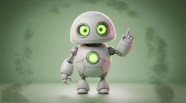 Cute small white robot with glowing green eyes and a chest light, gesturing with one hand, standing against a soft green background