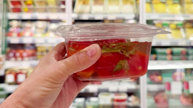 Hand Holding Pickled Cucumbers and Tomatoes in Supermarket &ndash; Jars of Pickled Vegetables Against Shelves Background