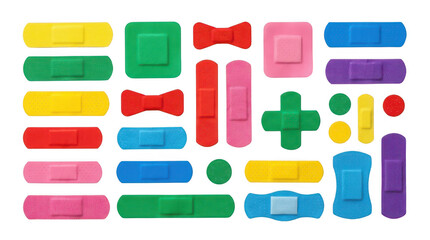 Fototapeta premium Various colorful adhesive bandages isolated on transparent background