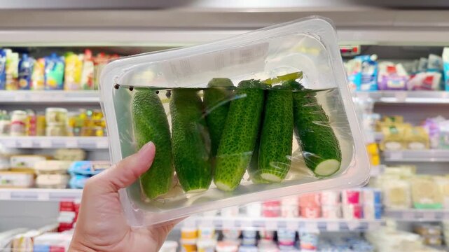 Hand Holding Pickled Cucumbers and Tomatoes in Supermarket &ndash; Jars of Pickled Vegetables Against Shelves Background