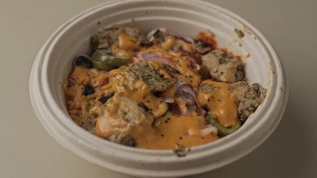 Nutritious Healthy Chicken Rice Bowl with Grilled Chicken, Steamed Rice and Fresh Vegetables, Overhead Close-Up Food Shot
