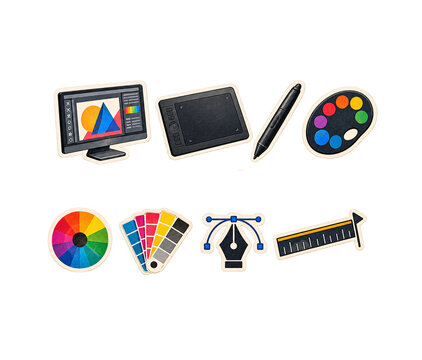 Graphic Designer Creative Workspace and Vector Software Tools Sticker Collection Sheet  
