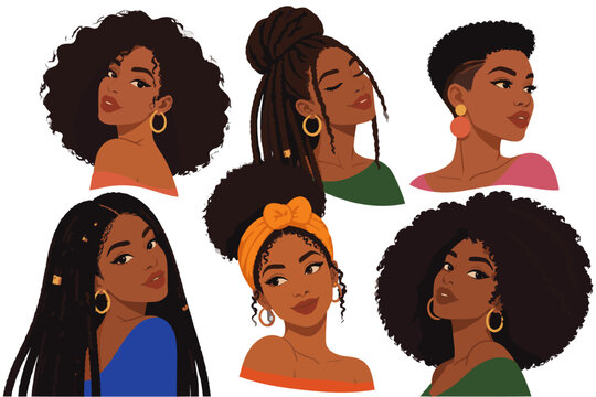 Stylized portraits of women with varied hairstyles and earrings