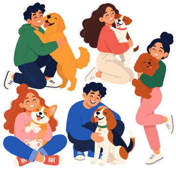 People hugging and petting dogs in five illustrated scenes