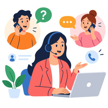 Woman wearing a headset at laptop with phone and chat icons